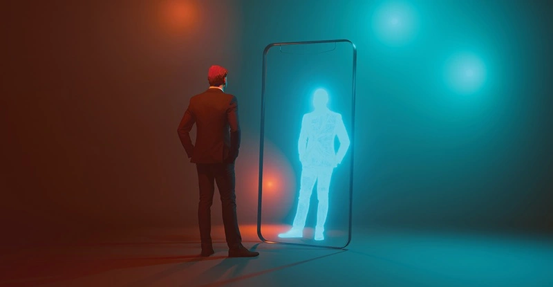 Authentication concept with man meeting his digital twin