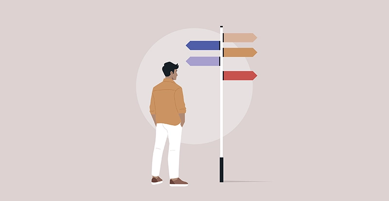 Graphic image of man standing at a signpost with arrows pointing in all directions