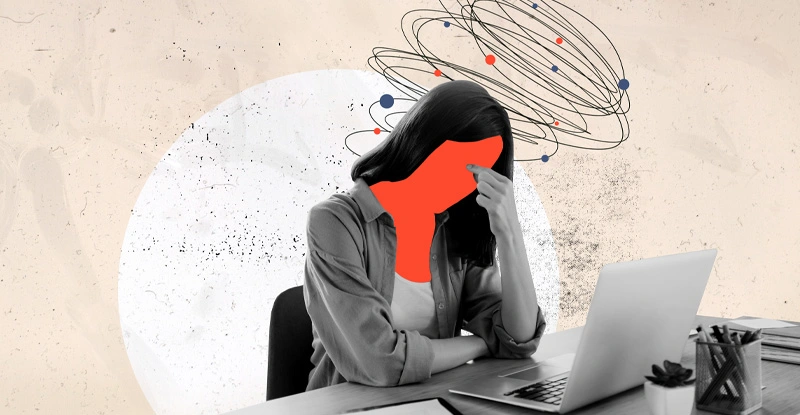 Sketch image of young stressed lady with headache/burnout in office