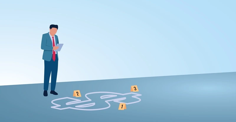 A man writes a report about the money trail at the crime scene.