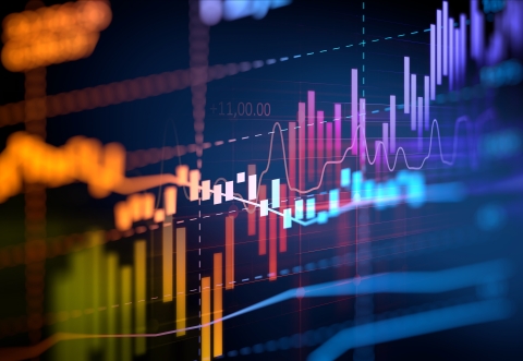 a dramatic chart of stock markets graphs in colour